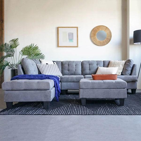 3 PC Modern Large Tufted Grey Microfiber Sectional Sofa with Ottoman
